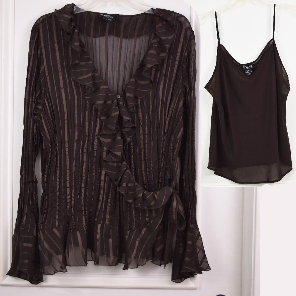 NY Collection Ruffle Wrap Sheer Blouse & Cami Women 2X Brown Monochrome Romantic